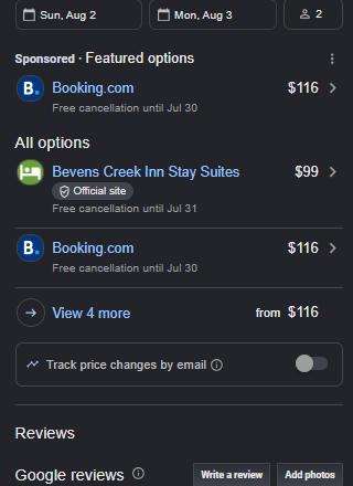 A real Google hotel booking box showing a "Sponsored · Featured options" ad from Booking.com at $116, and under "All options" the hotel's own "Official site" free booking link at $99 — cheaper than the OTA.